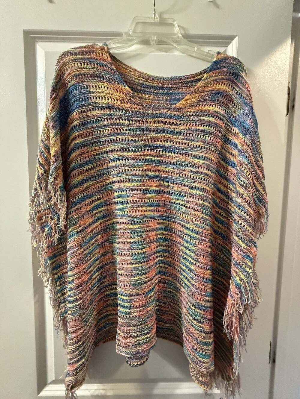 CUPSHE Boho Crochet Knit Poncho Top Multicolor Striped Fringe Beachwear
